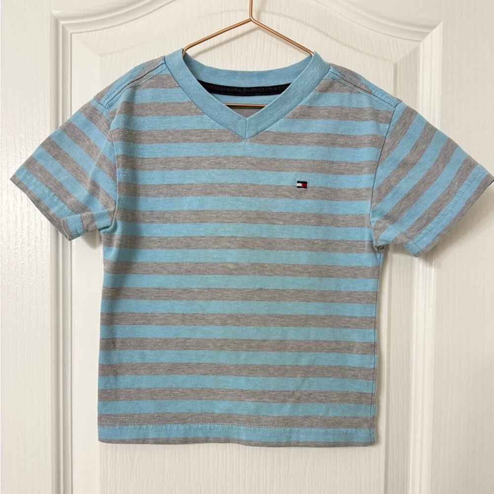 Little Boys' Blue and Gray Striped V-Neck Tee Size  XS
